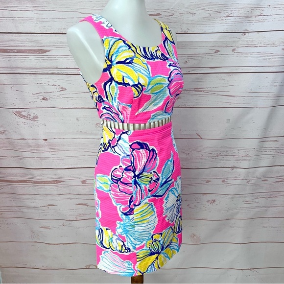 Lilly Pulitzer Iggy Kir Royal Pink Swept By The Tides Cut Out Waist Shift Dress - Picture 5 of 11